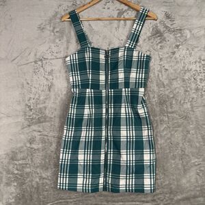 Forever 21 Plaid Mini Dress Sz S Teal Green Zip Front Y2K Grunge Academia 90s